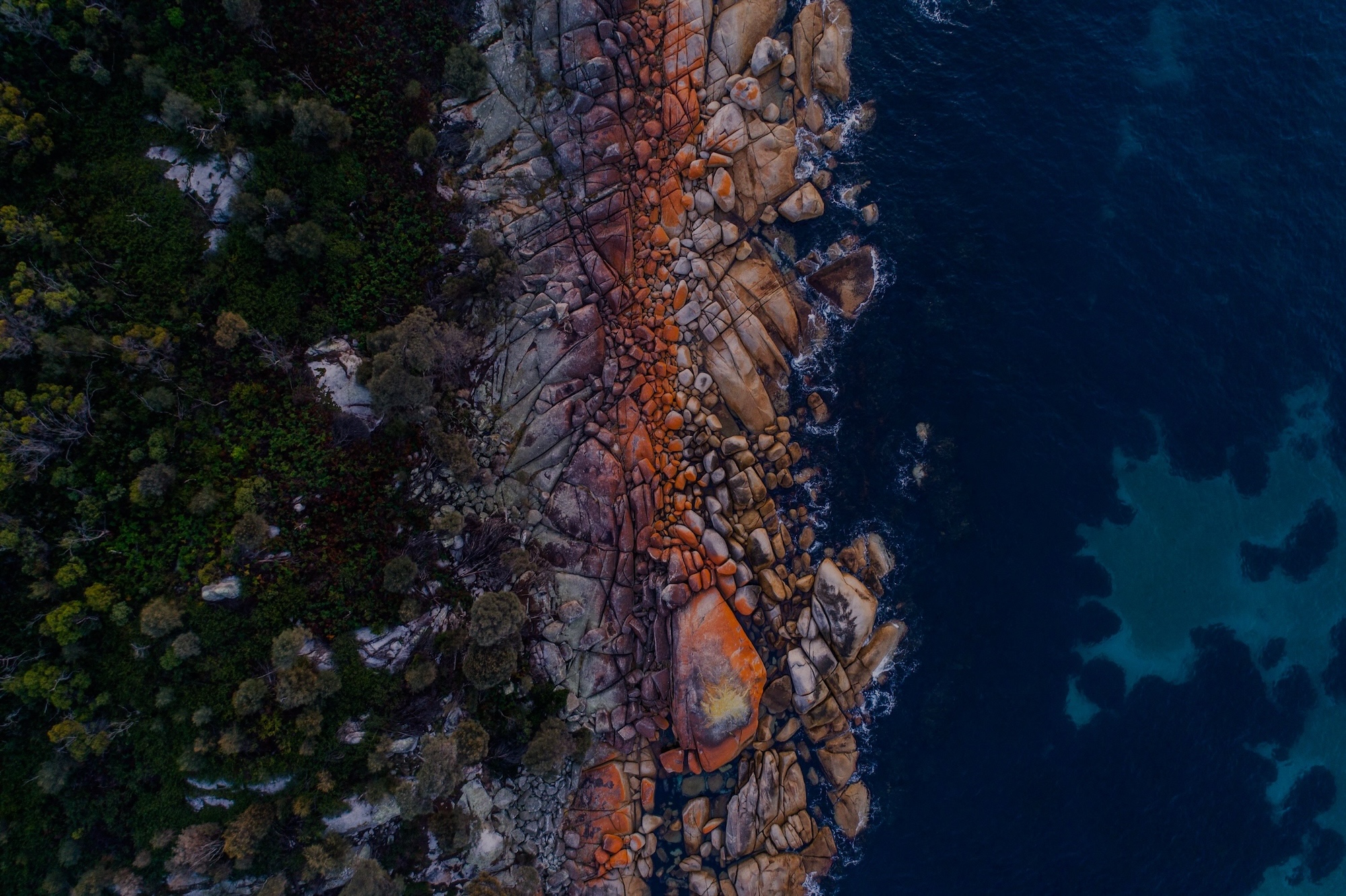 Orange-lichened granite boulders above pale sand at the Bay of Fires