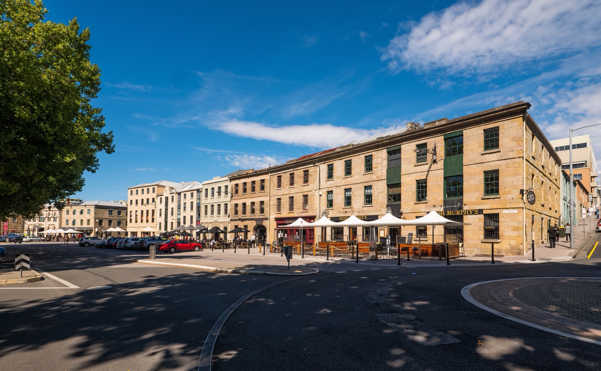 Sandstone warehouses and plaza at Salamanca Place in Hobart