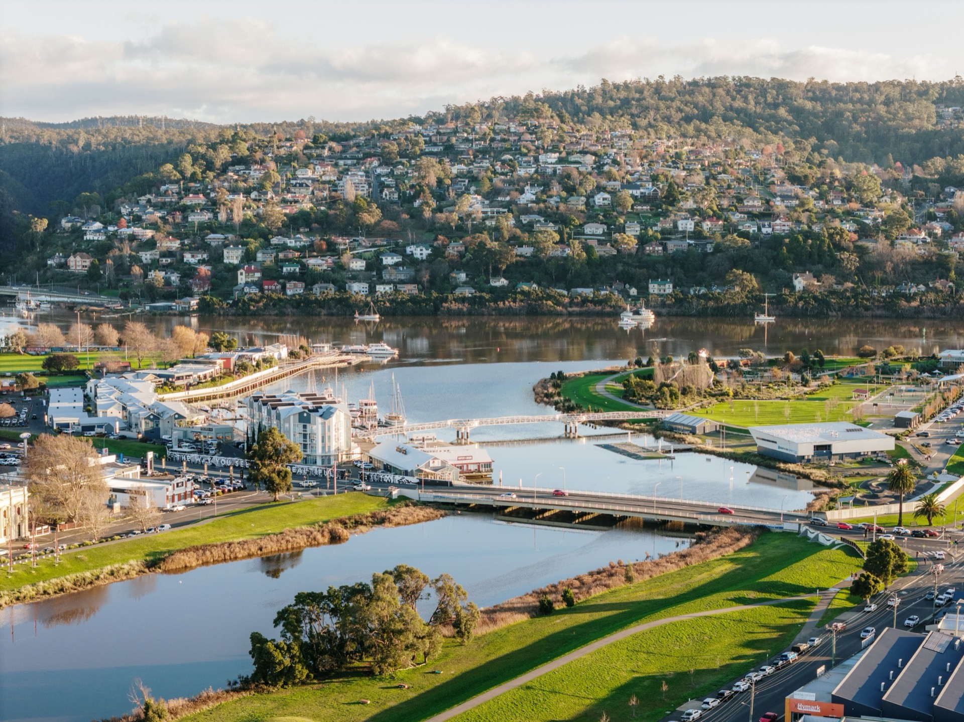 Aerial view of the North Esk and Tamar rivers meeting near Launceston