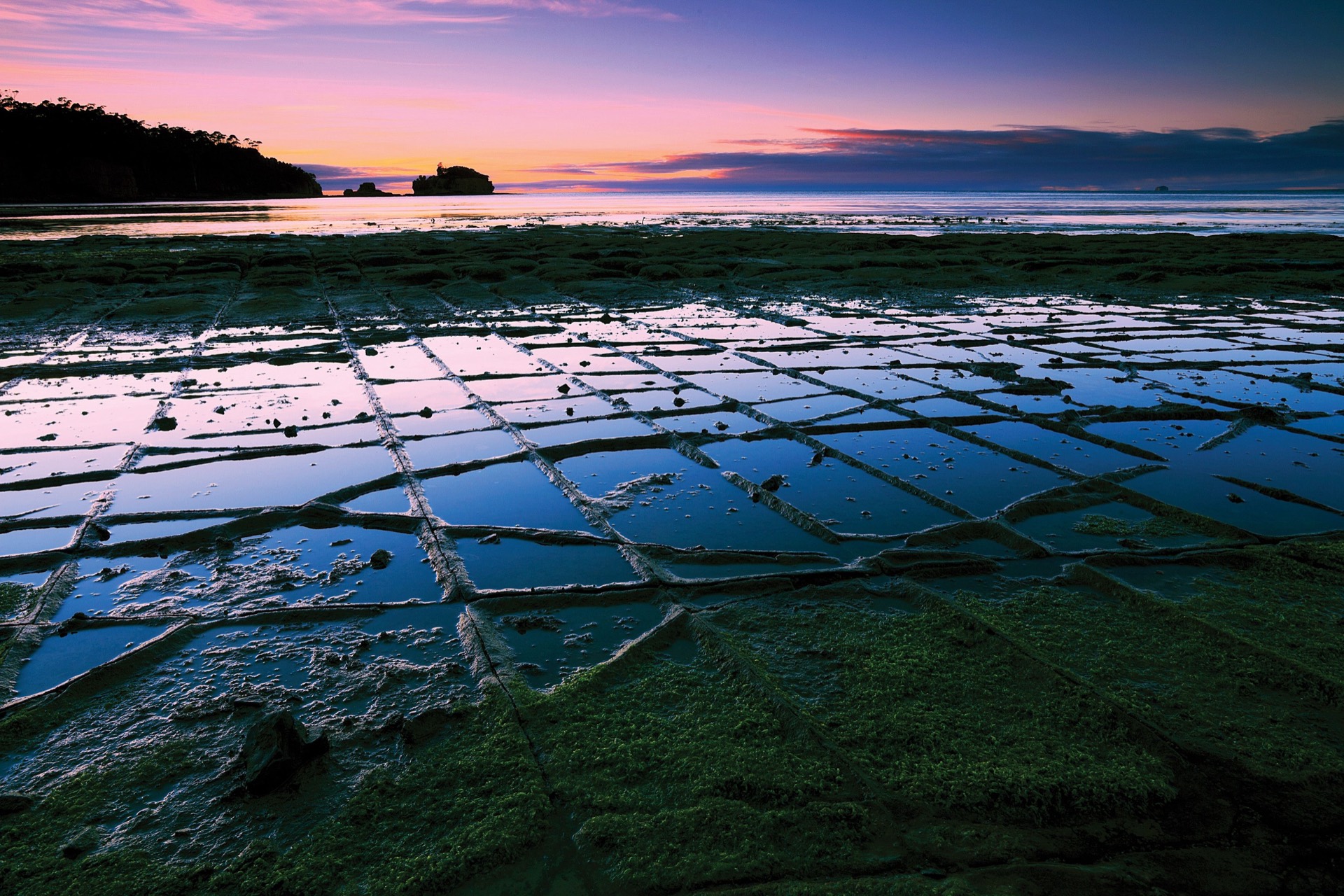 The tiled rock platform at Tessellated Pavement, Eaglehawk Neck, at dusk