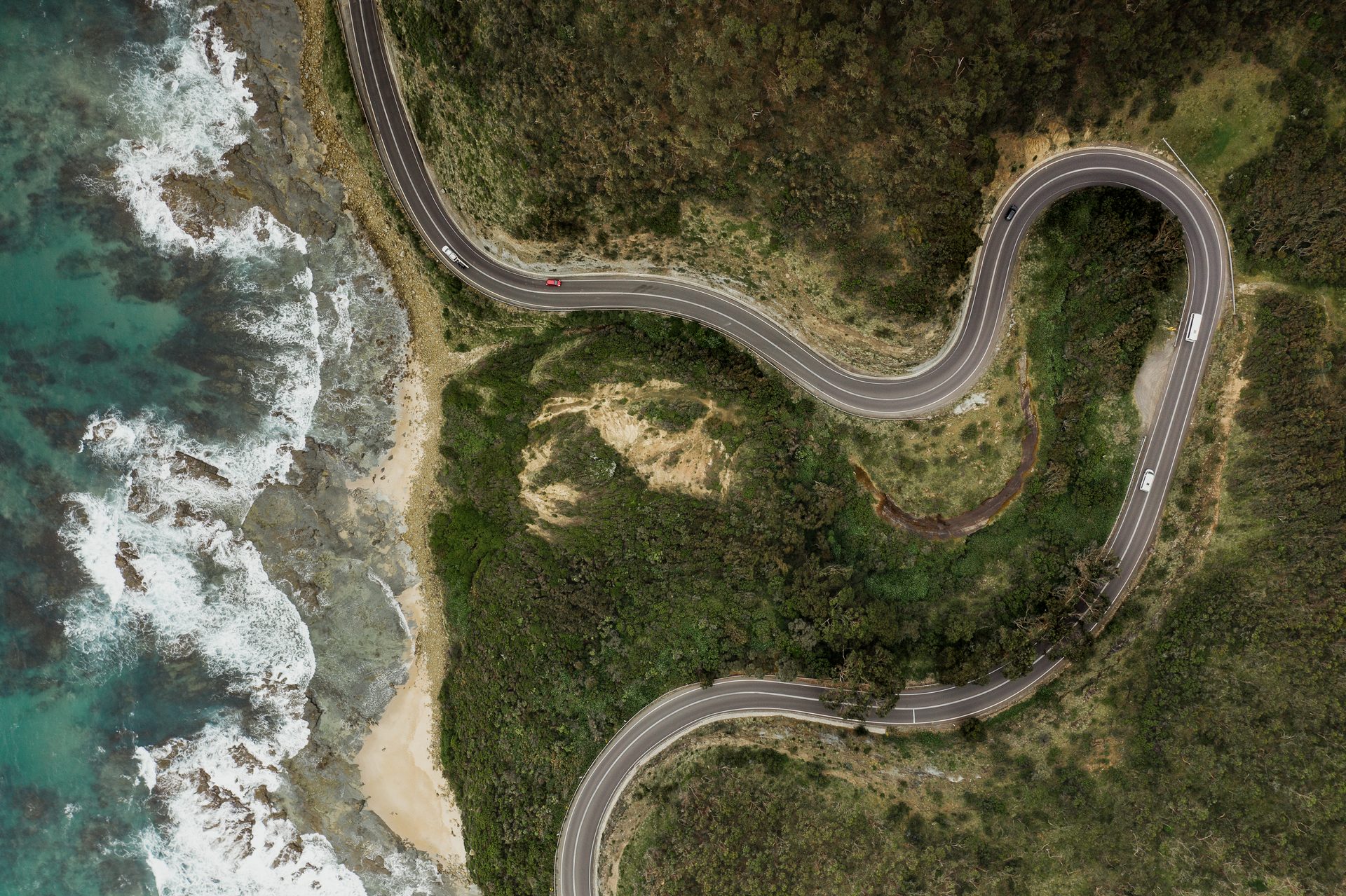 Elevated view from Teddy's Lookout over the Great Ocean Road and coastline