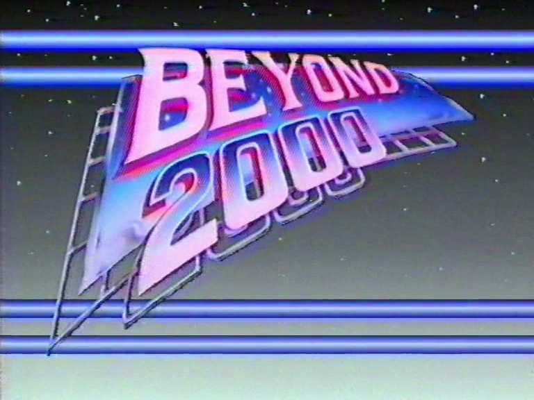 Beyond 2000 title card: chrome 3D lettering over a neon grid and starfield.