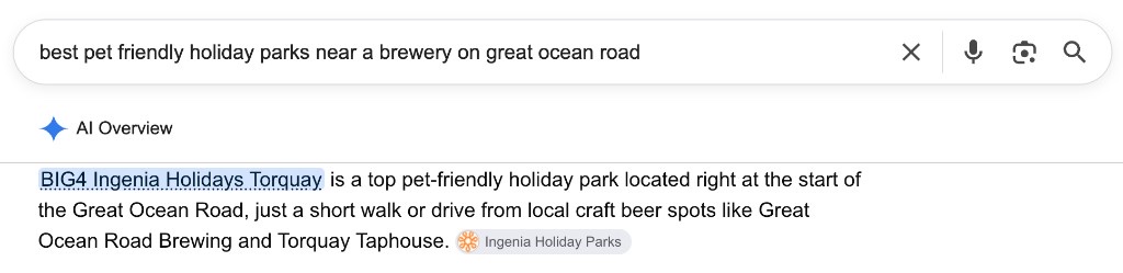 Google AI Overview for a pet-friendly Great Ocean Road brewery query, naming BIG4 Ingenia Holidays Torquay.
