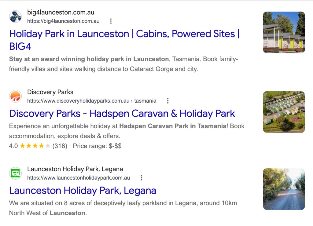 Google results for launceston caravan park, listing BIG4 Launceston, Discovery Parks Hadspen, and Launceston Holiday Park in Legana.