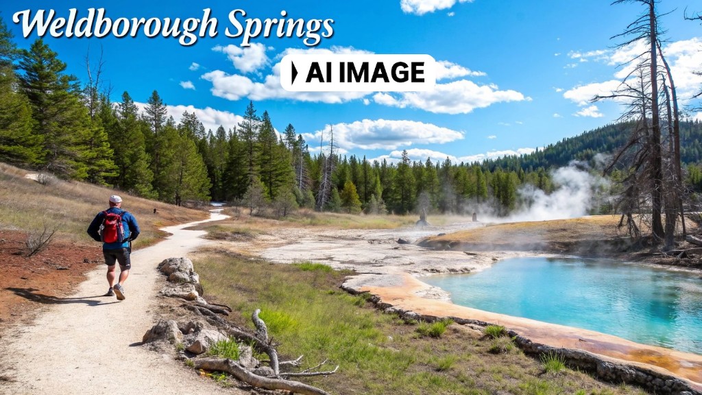 AI-generated image labelled Weldborough Springs, showing a turquoise hot spring beside a forest path. Weldborough does not have hot springs.